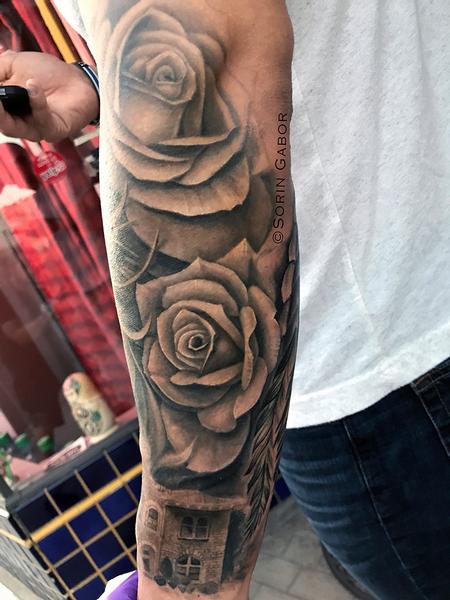 Tattoos - realistic black and gray girl face w/bandana, roses, and Sonoma City Hall building tatoo sleeve - 131424